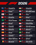F1 2026 race calendar with event locations and dates.